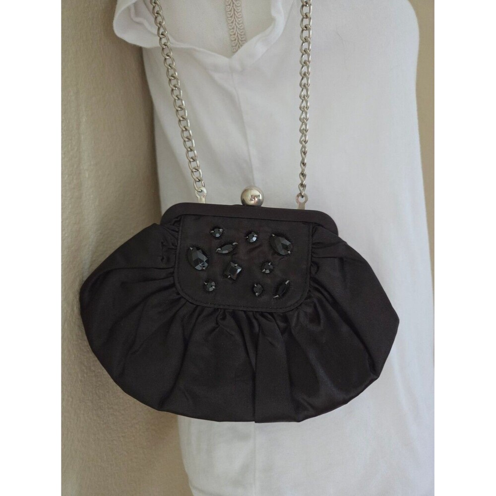 white house black market black satin embellished evening clutch bag chain strap